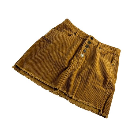 Indigo Rein Corduroy Button Fly Frayed Hem Mini Skirt Brown Womens Size 3/25 - Picture 1 of 7